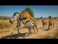 Five TIGERS hunt a ZEBRA across the grassland savannah.