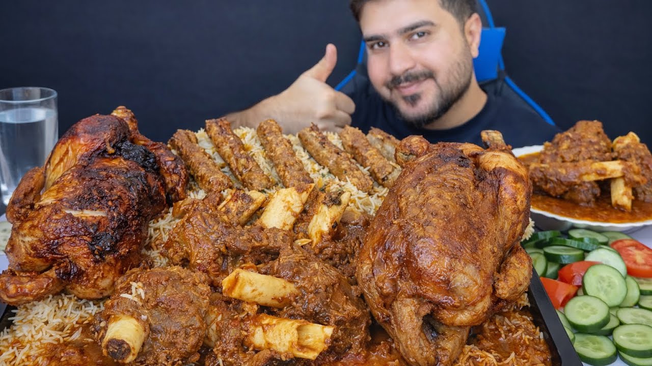 ASMR; Eating 2 Whole Chicken Spicy Mutton Curry Seekh Kabaab Biryani Salad    Mukbang2160p60