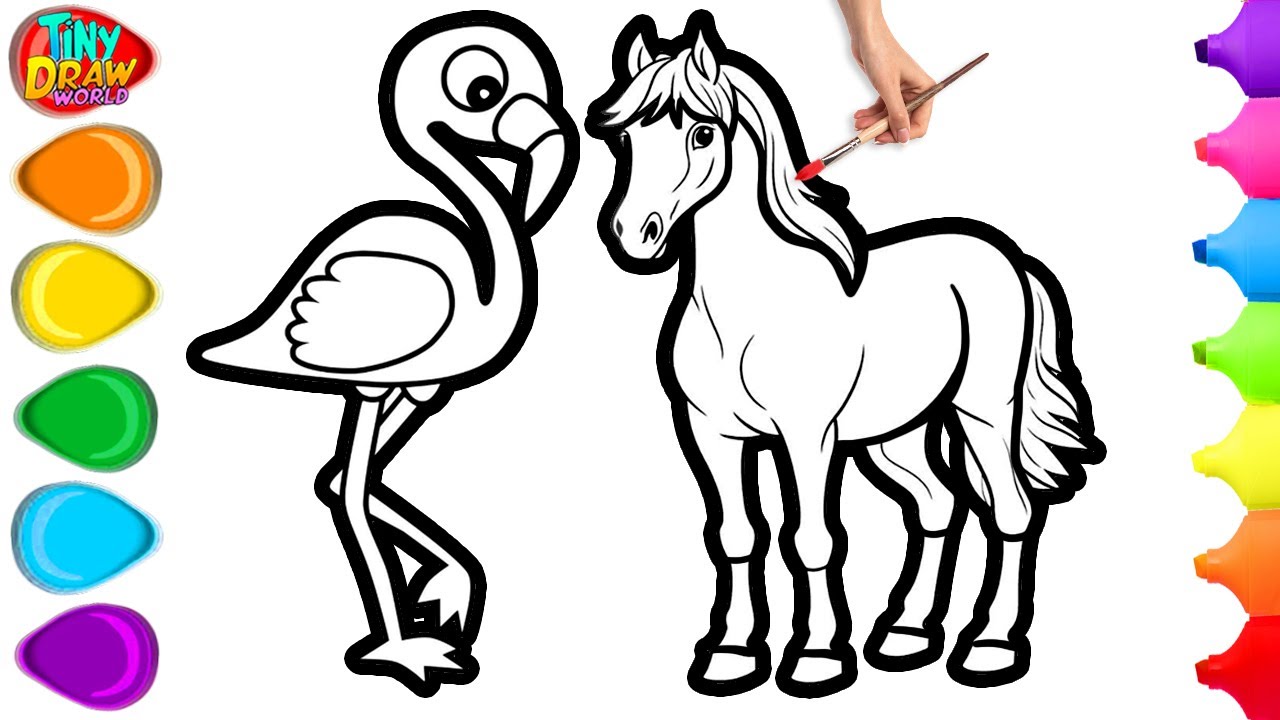 Рисование, раскрашивание и создание образа милой лошадки и фламинго | Простой пошаговый урок