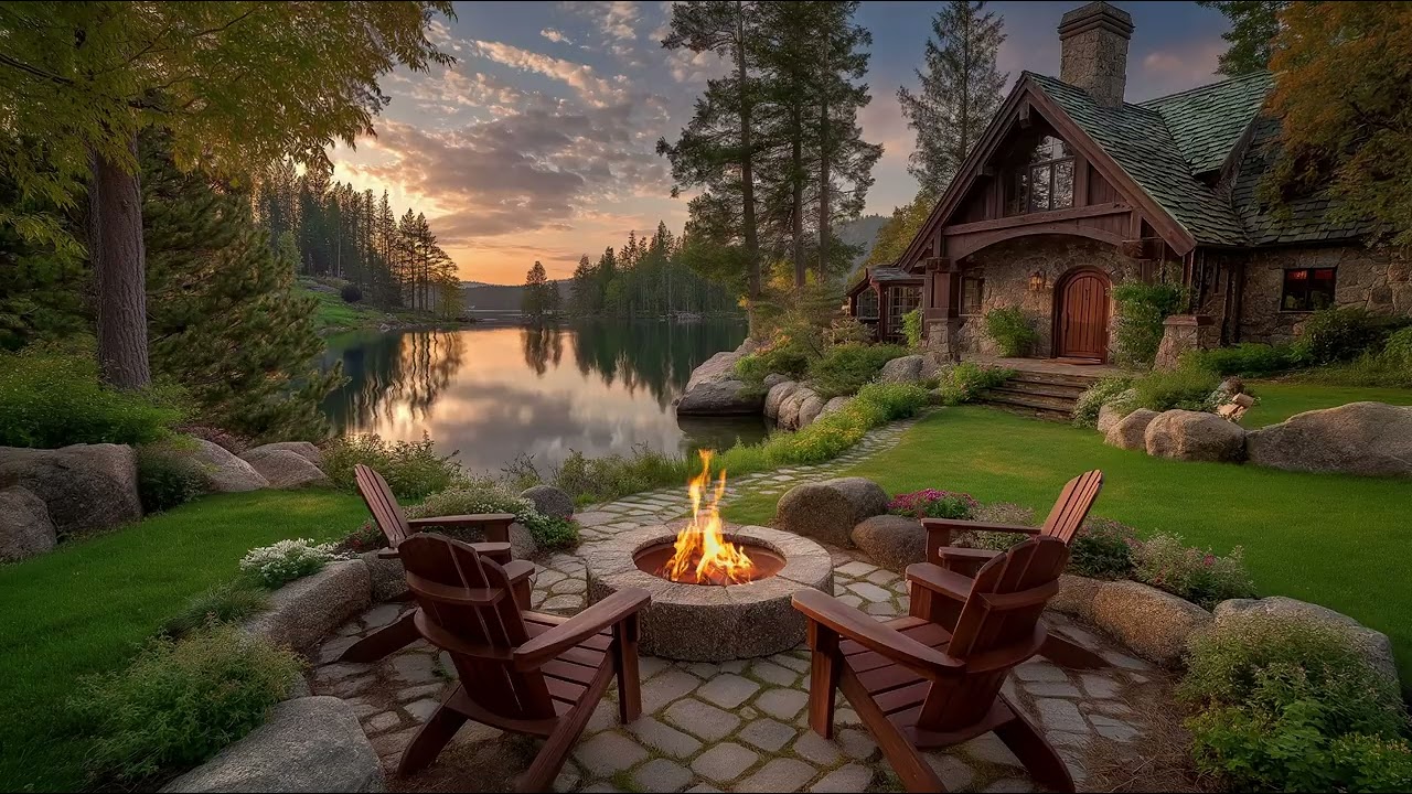 Twilight Serenity at Hidden Lakeside Cabin 🔥 Relaxing Campfire, Calm Water & Forest Bird Sounds