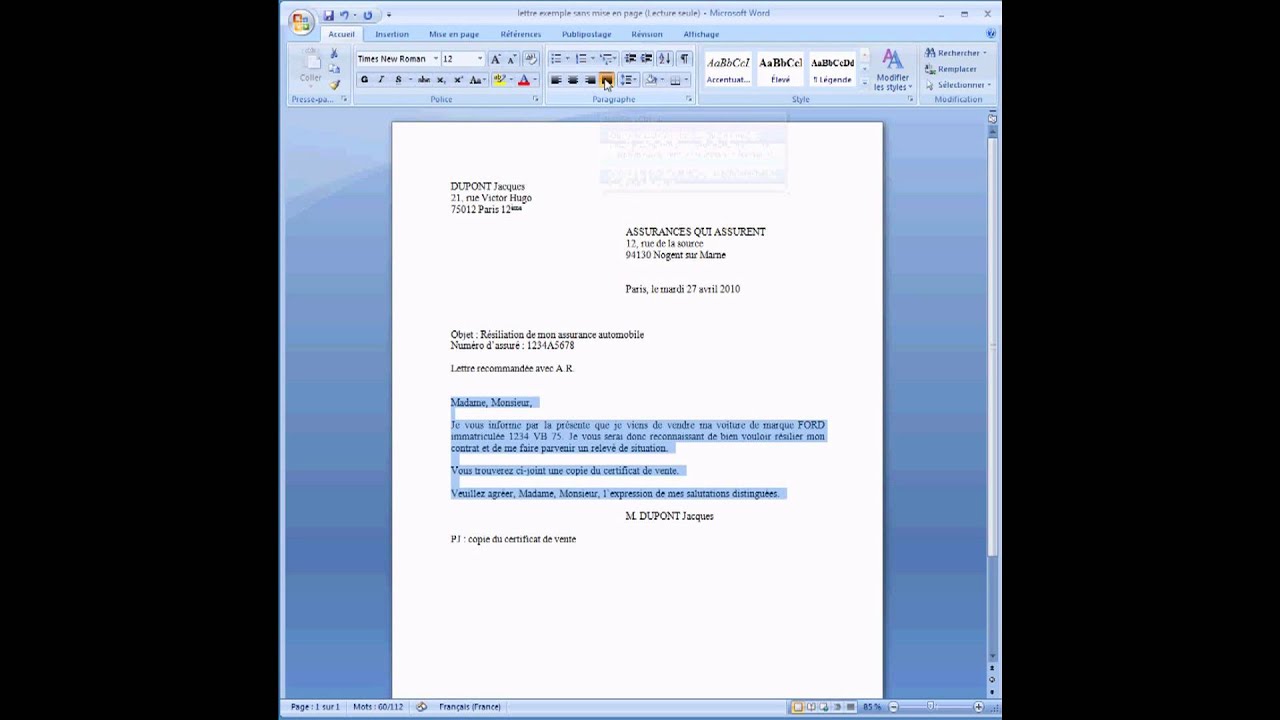 Ecrire une lettre sous WORD 2007 - YouTube