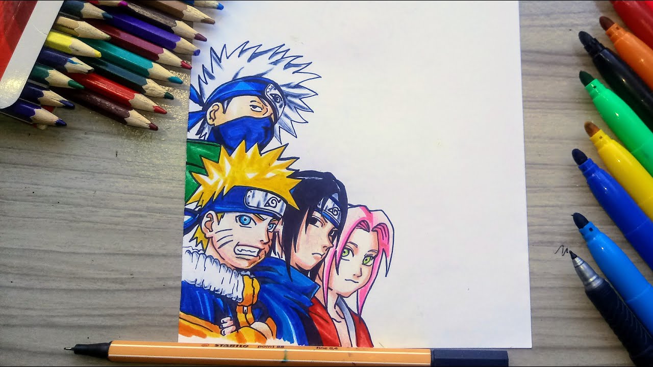 Desenho de naruto hokague e sakura e kakashi pintado e colorido