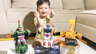 Unboxing Mainan Robot Excavator, Mobil Polisi dan Tank