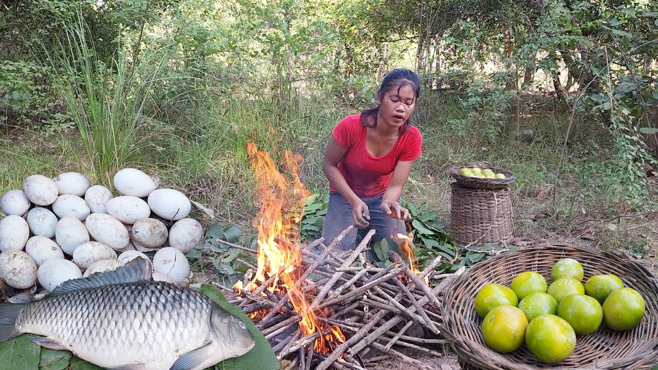 Found fish and egg in the lake Fish and Egg grilled Underground