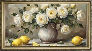 FRAME TV ART VINTAGE SCREENSAVER  FRAMED GARDEN ROSES FLORAL PAINTING NO SOUND WALLPAPER 4K