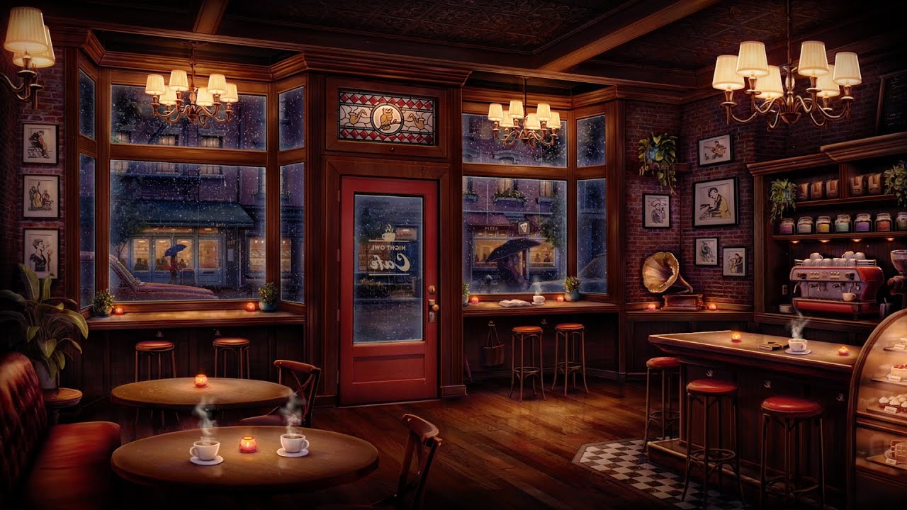 Night Owl Jazz Cafe Ambience with Relaxing Jazz Music  Rain Sounds