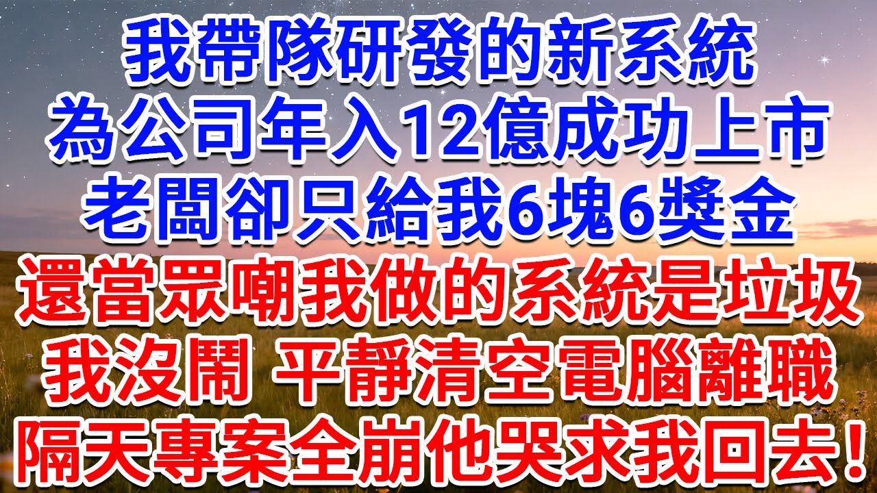 我帶隊研發的新系統為公司年入12億成功上市，老闆卻只給我6塊6獎金，還當眾嘲我做的系統是垃圾，我沒鬧 平靜清空電腦離職，隔天專案全崩他哭求我回去！#為人處世 #生活經驗 #情感故事 #故事 #小說