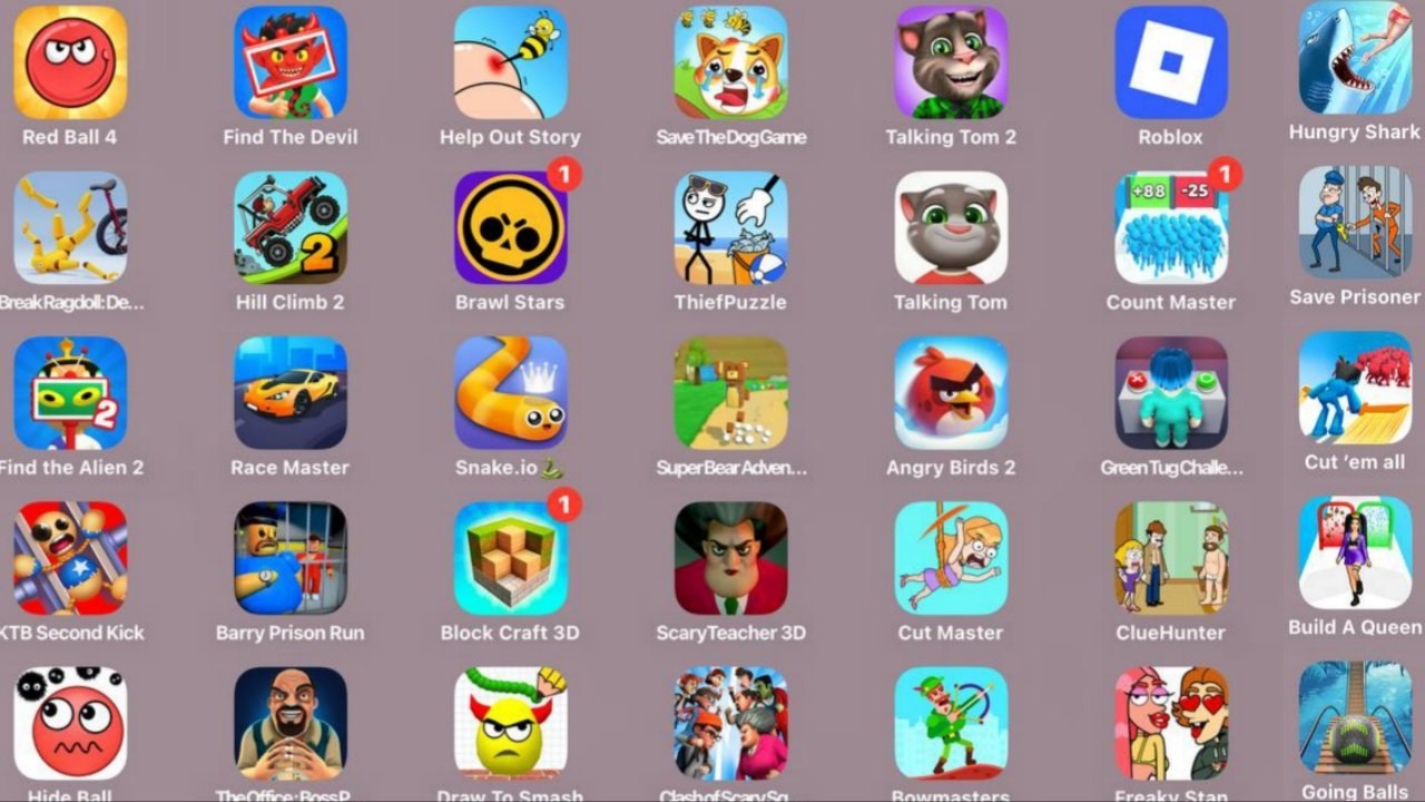 Roblox, Brawl Stars, Angry Birds 2, Hill Climb Racing 2, Talking Tom 2, Red Ball 4, Snake.io