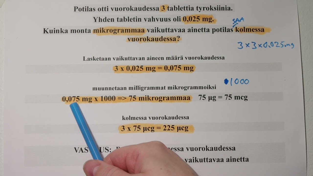 Lääkelasku: tabletit, mikrogrammat, yksikönmuunnos