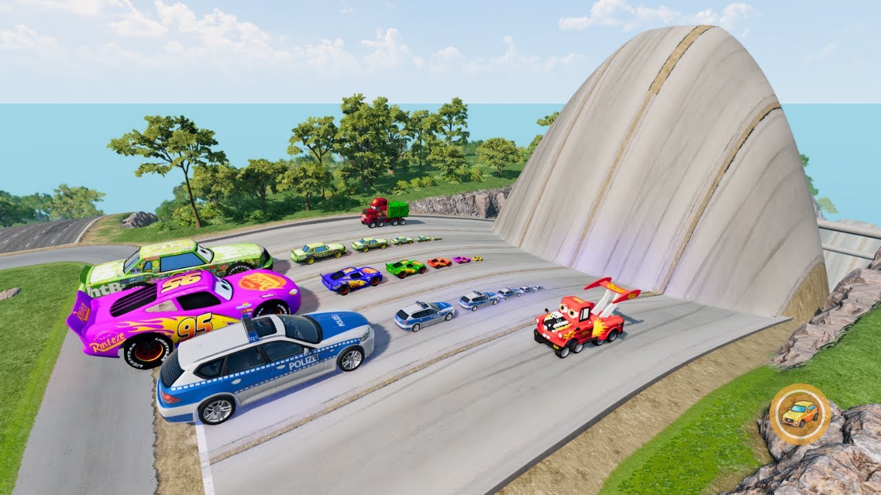 Big & Small McQueen, Police Car vs Chick Hicks, Zombie Mack & Mater | Giant Bulge Downhill - BeamNG