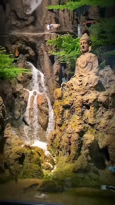 aquascape dengan tema patung di atas tebing dan bonsai #aquscape #aquarium #miniaquascape #bonsai