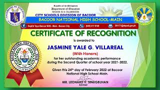 Awarding of Certificate - Second Quarter - Grade 9 - Felipe Calderon SY 2021-2022