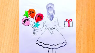 Happy new year card 2024 / How to make new year greeting cards / Easy girl drawing / new year card