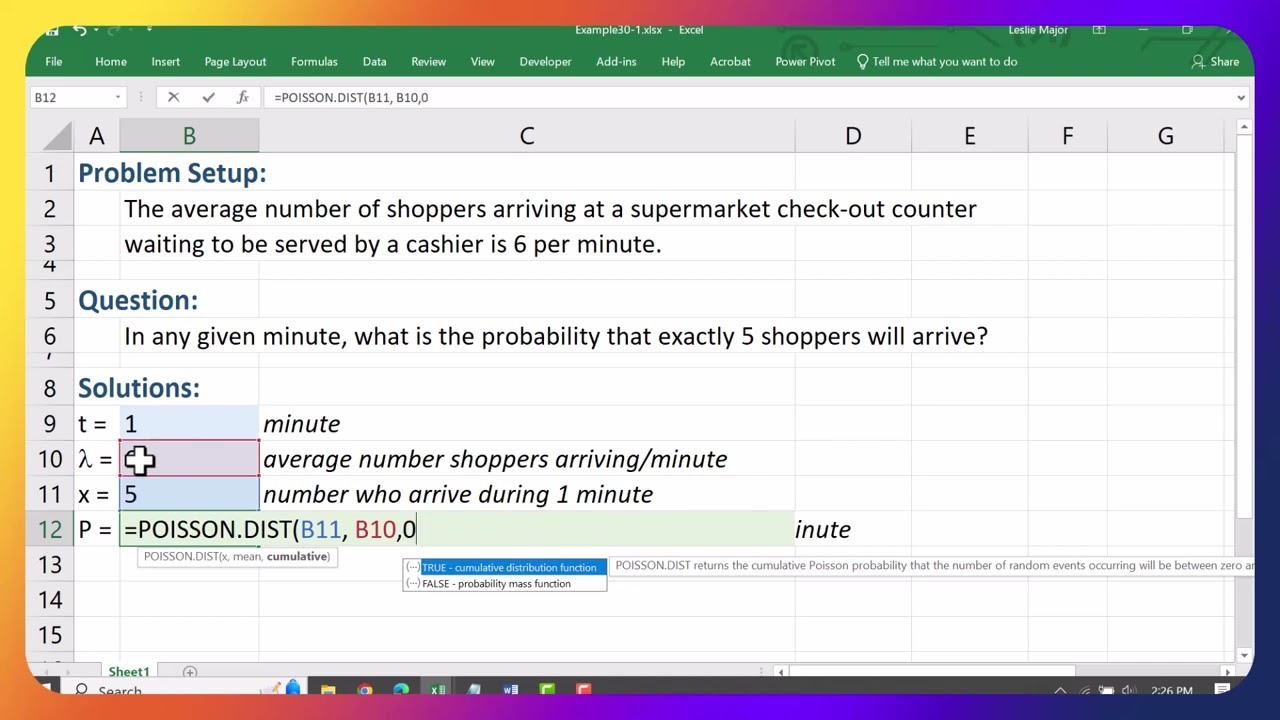 Используйте функцию POISSON.DIST() в Excel для расчета вероятности наступления ровно 'x' событий.