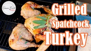 Rebecca brand shows how to make a grilled turkey recipe, spatchcock
turkey, long it takes grill and cut the flat...