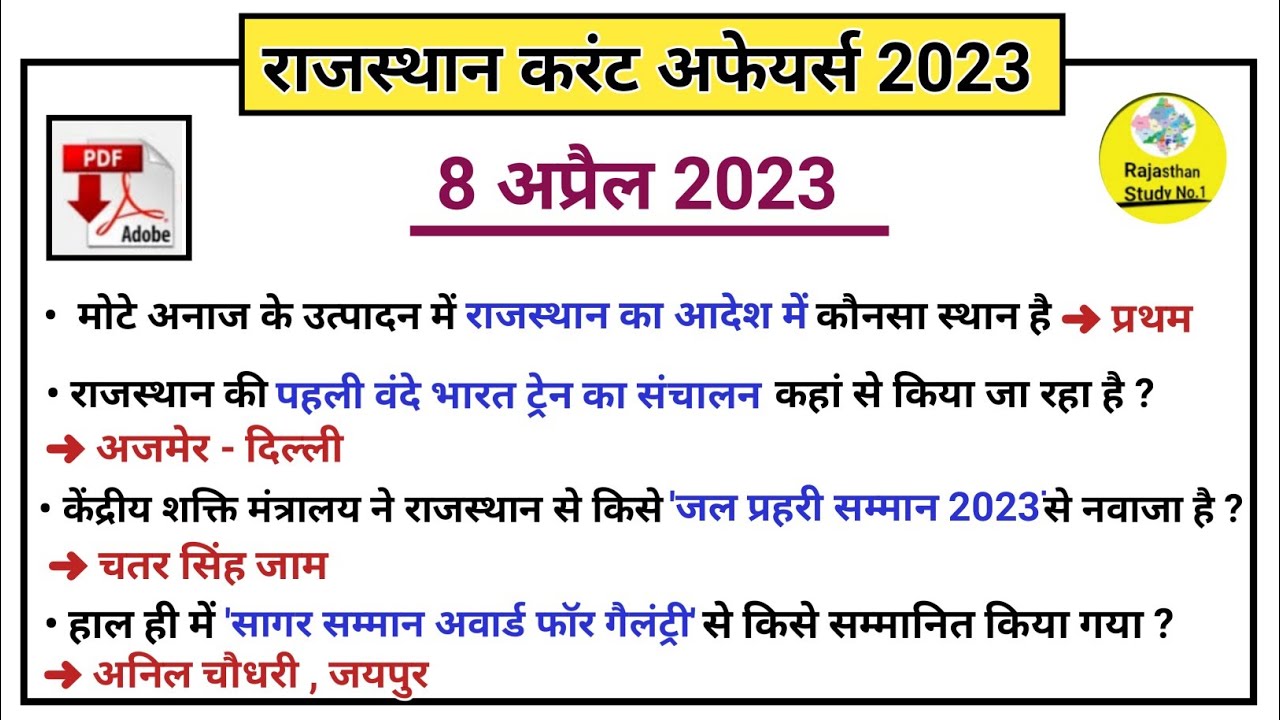 8 April Rajasthan Current Affairs 2023 l Daily Rajasthan Current ...