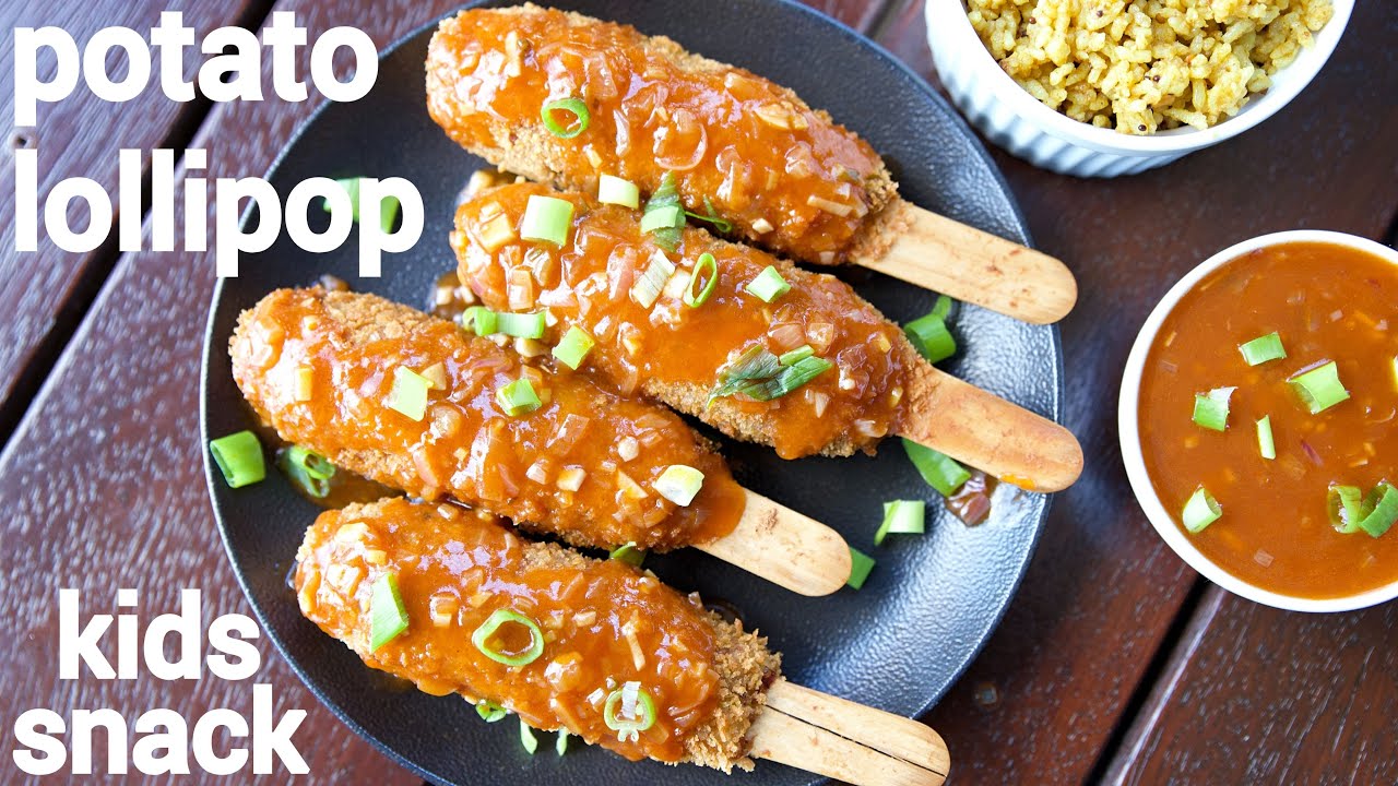 crispy potato lollipop recipe with spicy sauce - kids snack | aloo lollipop with thick sauce | Hebbar | Hebbars Kitchen