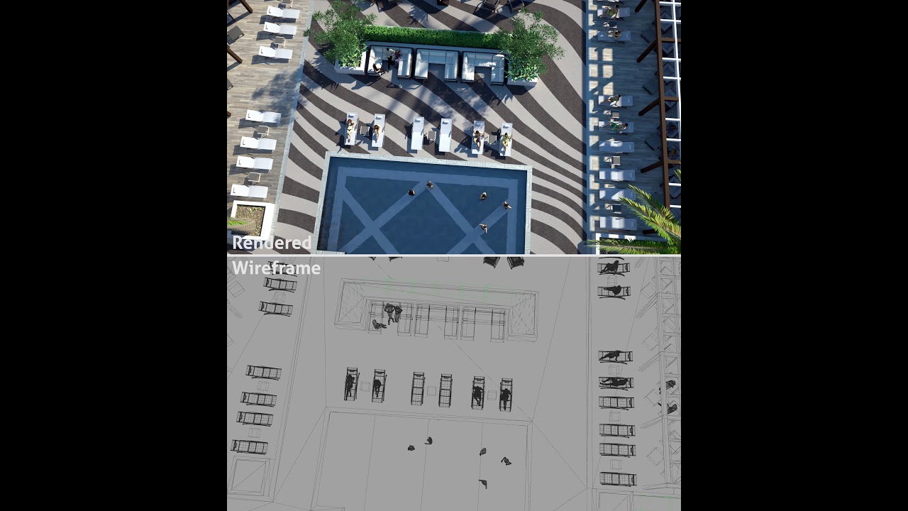 Luxury Hotel pool in 3D and wireframe