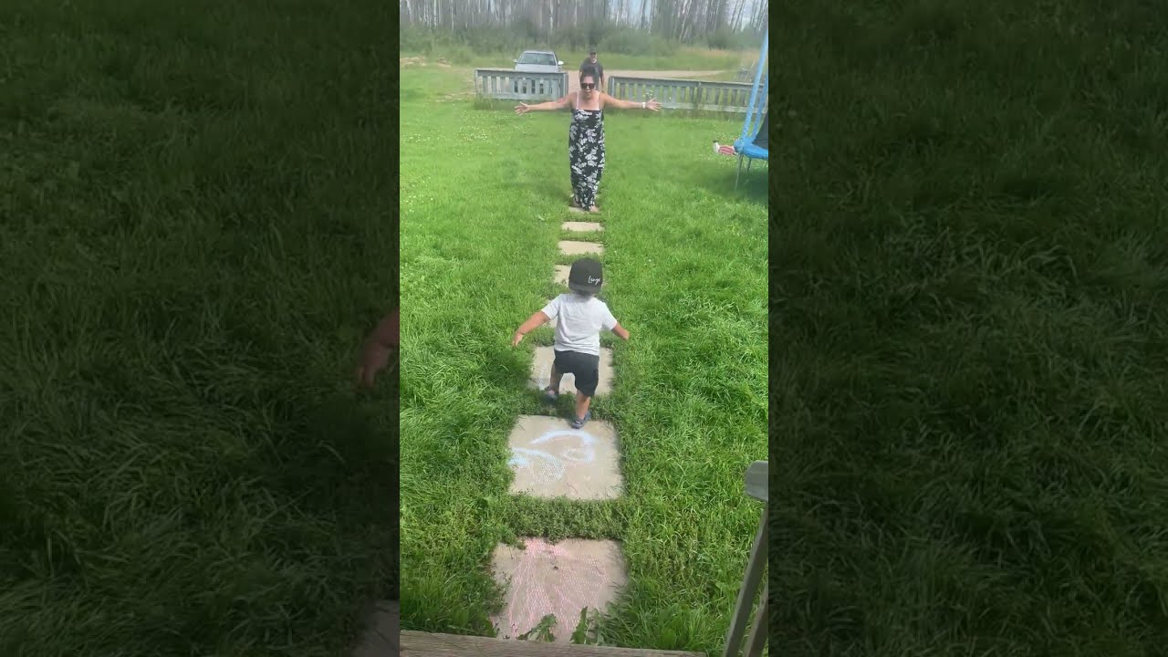 Toddler Carefully Rushes Down The Stairs And Around Grandma To Get Grandpa 