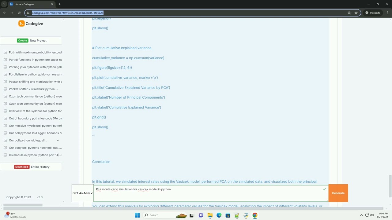 Pca monte carlo simulation for vasicek model in python