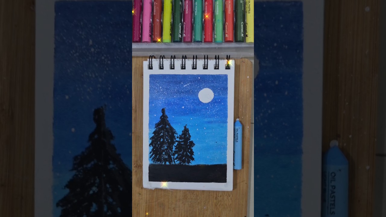 Easy Night Sky Oil Pastel Drawing |Simple Landscape for Beginners
