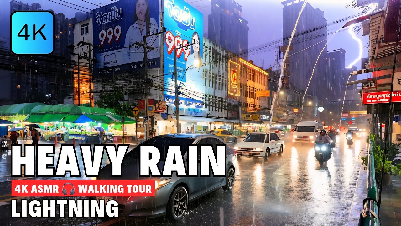 [4K] Walking in Heavy Rain and Severe Lightning in Bangkok 🇹🇭 ASMR 🎧 Walking Tour