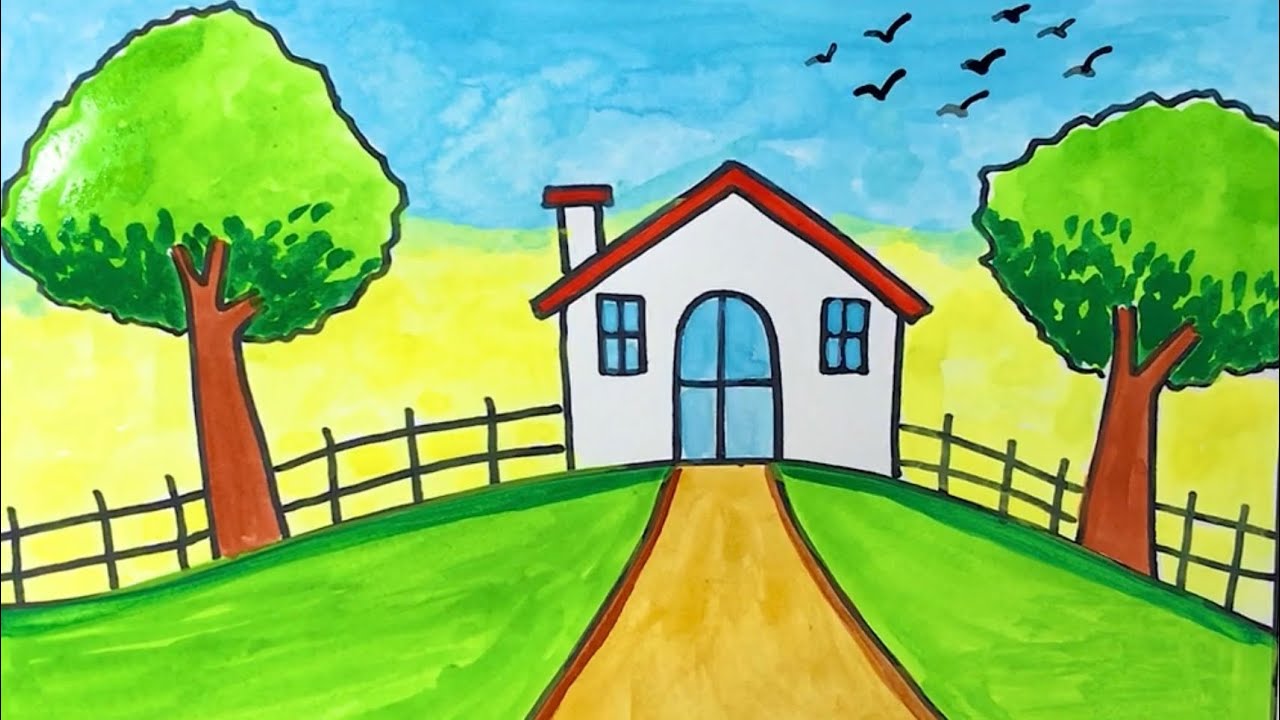 Cách vẽ tranh phong cảnh ngôi nhà trên đồi đẹp | how to draw scenery a  house on the hill - YouTube