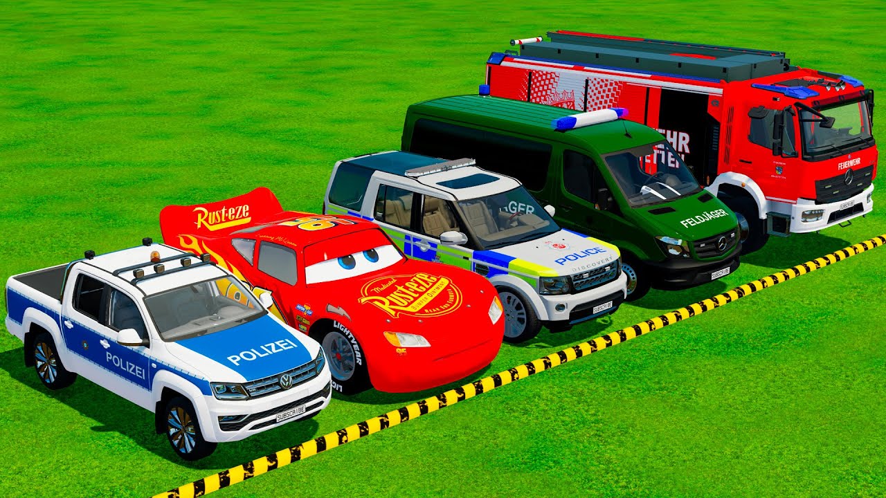 VOLKSWAGEN, MCQUEEN CAR, LAND ROVER POLICE CARS, AMBULANCE EMERGENCY TRANSPORTING WITH TRUCKS ! FS22