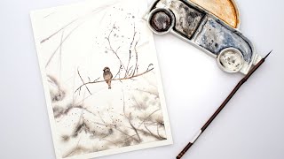 Watercolor bird on the branch - painting tutorial for beginners + FREE sketch