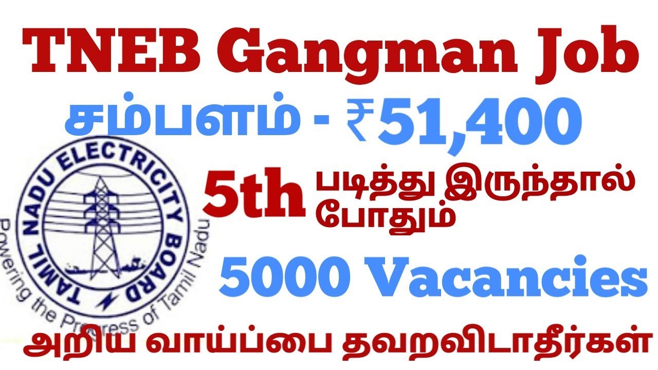 TNEB GANGMAN JOB - 5000 VACANCIES - 5th eligible - Rs.50,000 Salary