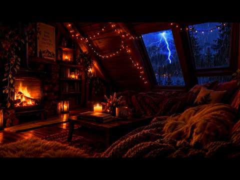 Heavy Rain on a Cozy Attic Roof ⛈️ Fireplace, Thunder & Deep Sleep Sounds