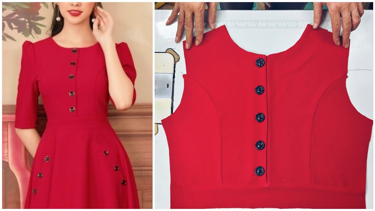خياطة وتفصيل فستان صدر مفتوح ، طريقة خياطة فستان صدر مفتوح