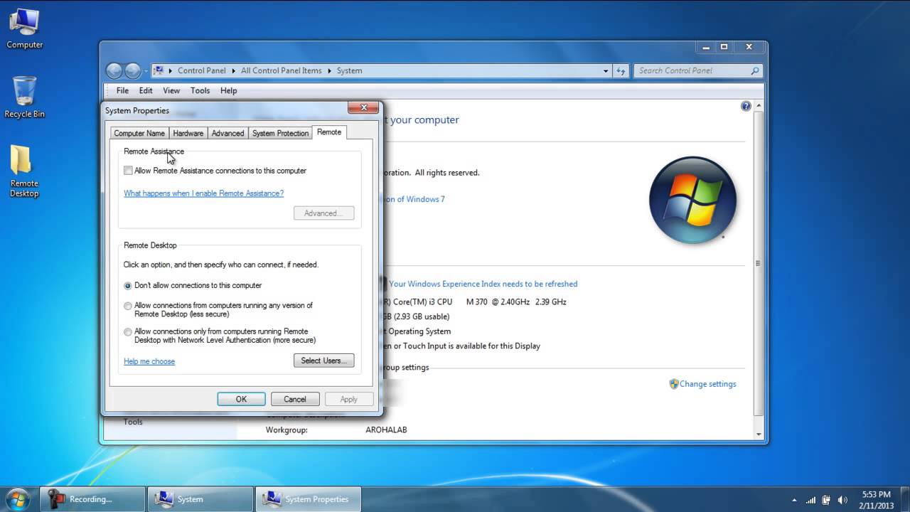 turn on remote desktop in windows 7 or vista