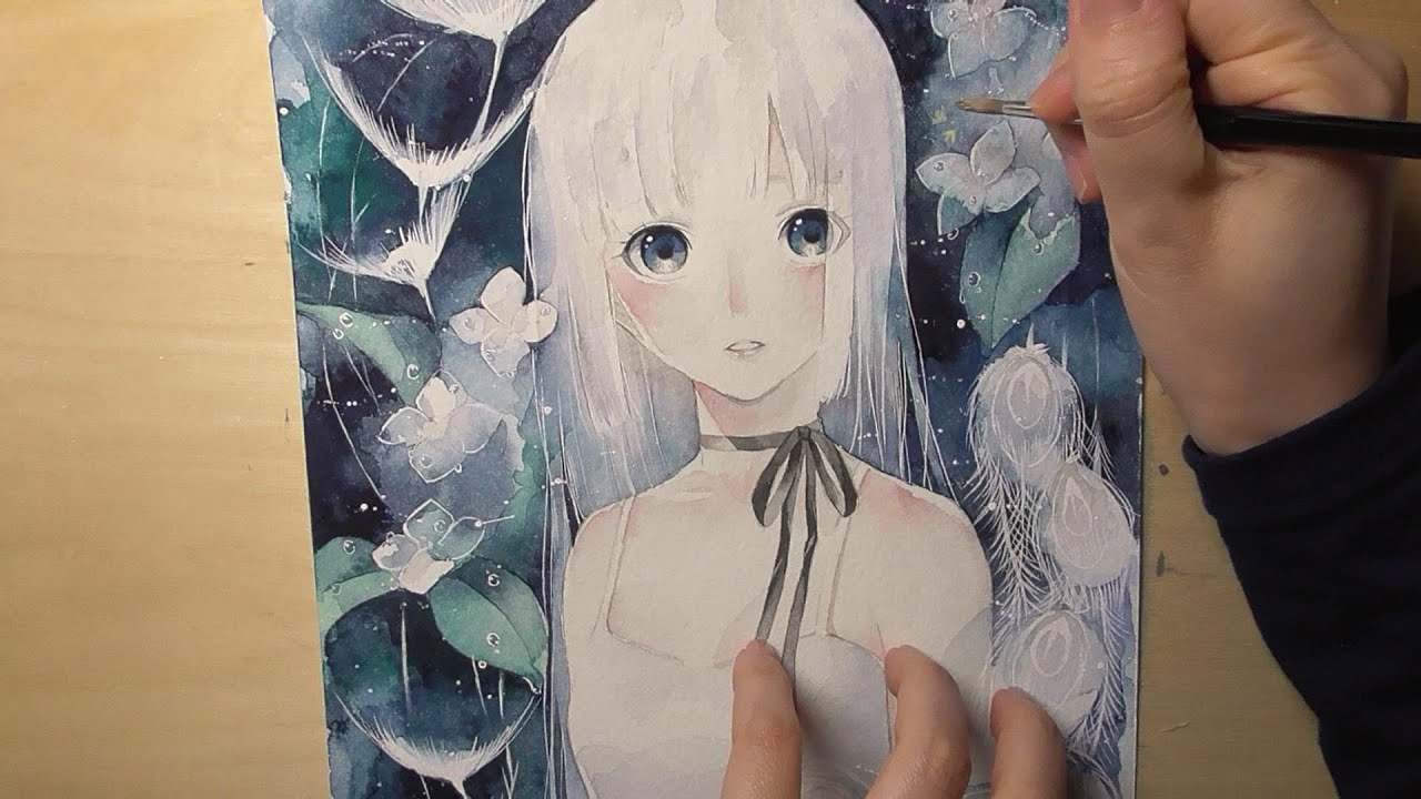 透明水彩 ガリガリペン入れした線画にさらっと色塗り イラストメイキング Watercolor Painting Youtube