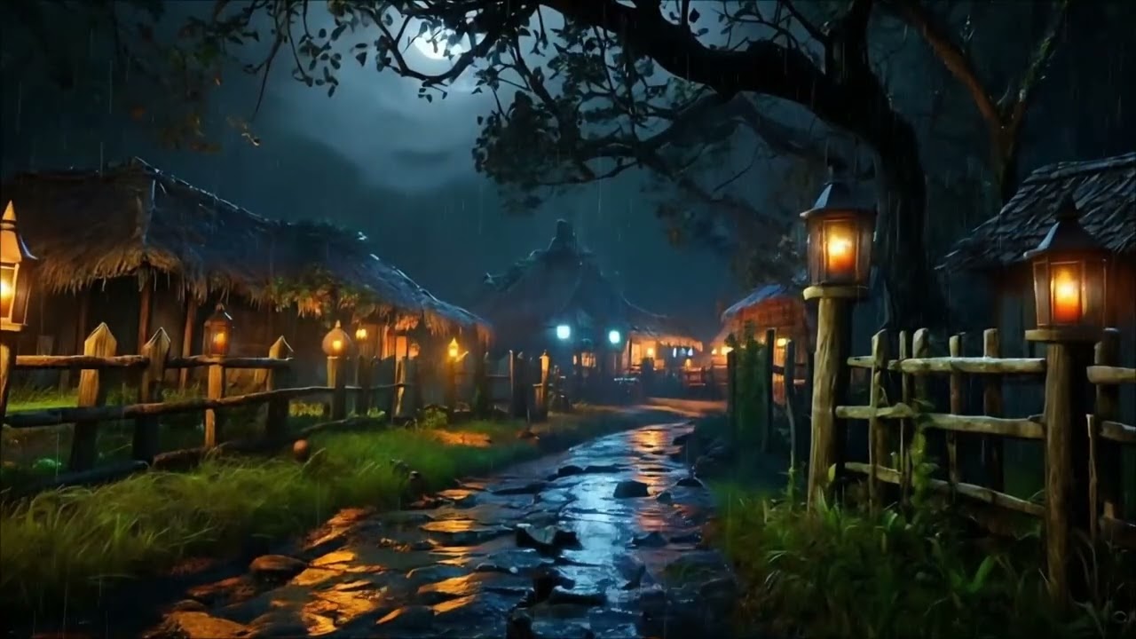 Rain Sounds for Deep Sleep – Relaxing Rainy Night in a Quiet Countryside Village