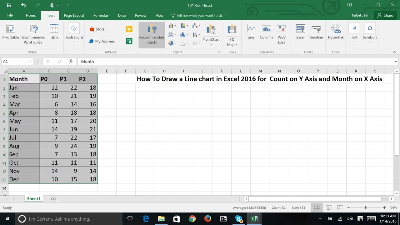 How to draw a line chart in excel 2016 for count on y axis ...