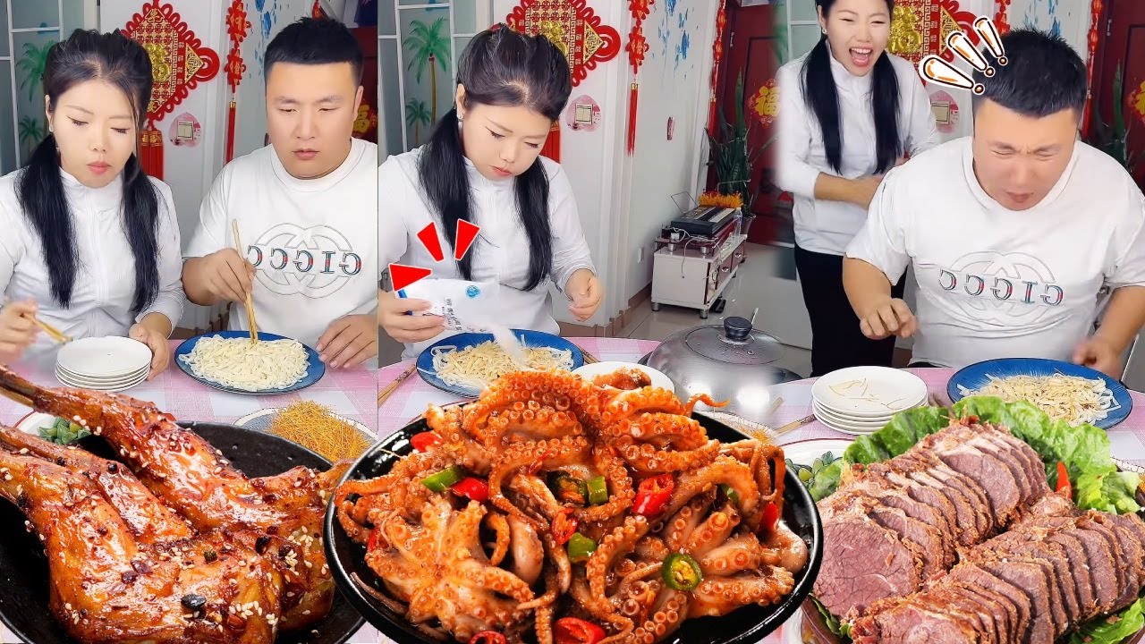 蠢老公抢走四大碗面条想吃独食？趁他离座全部吃光还要加点“惊喜”，傻了吧登子