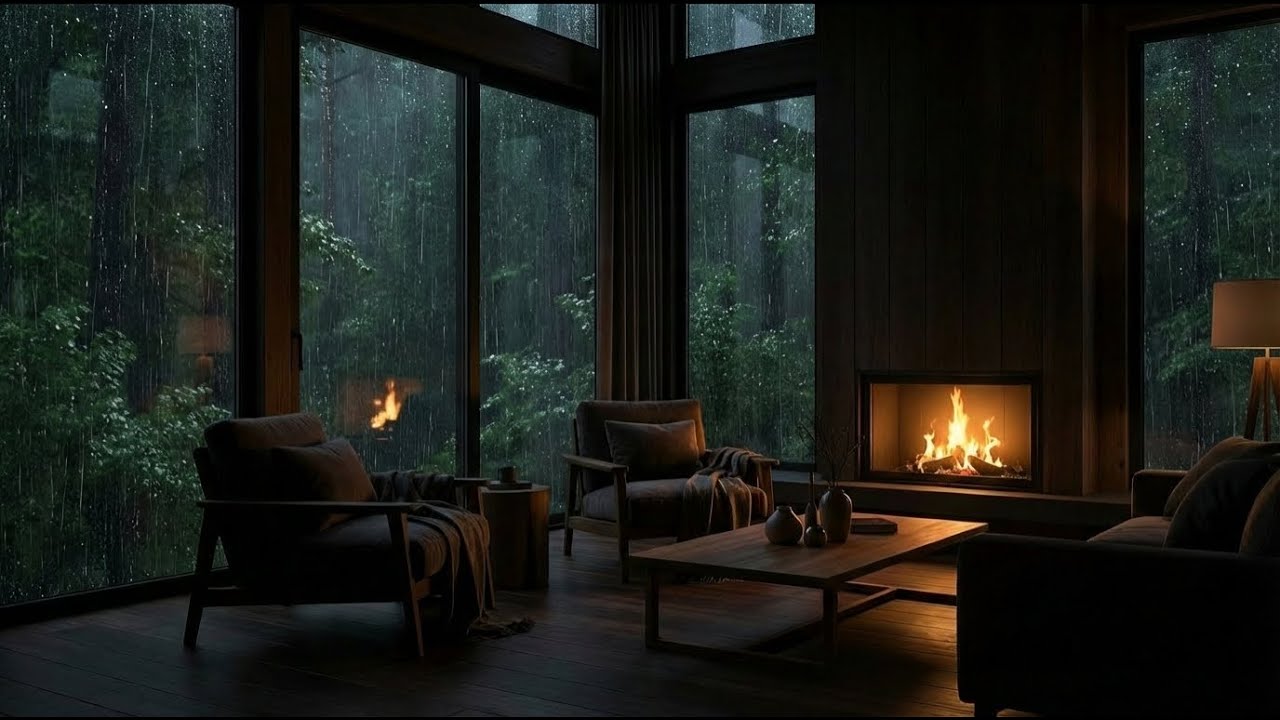 Deepest Rest | Felt Piano Rain in Dark Modern Rustic Room with Fireplace | Relax Your Soul ✨🎹