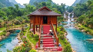 Building A Dream Wood House In The Forest: A Woman Builds Concrete Stairs And House Columns