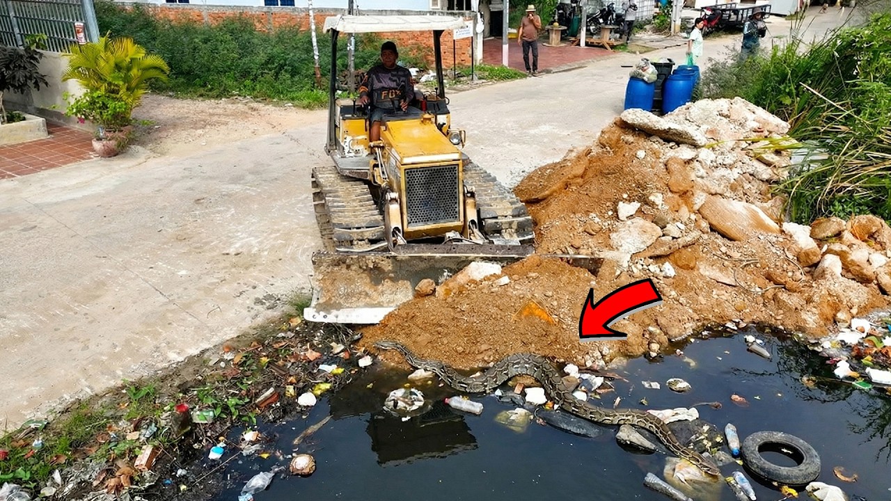 First Opening Amazing Project! Delete Deep Garbage Pond Using Dozer Pushing Stone with 5Ton Trucks