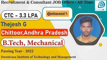 Congrats, Thejesh | Selected in Continental AG |3.3 LPA|MECHANICAL ENGINEER, Passing 2022 | Chittoor