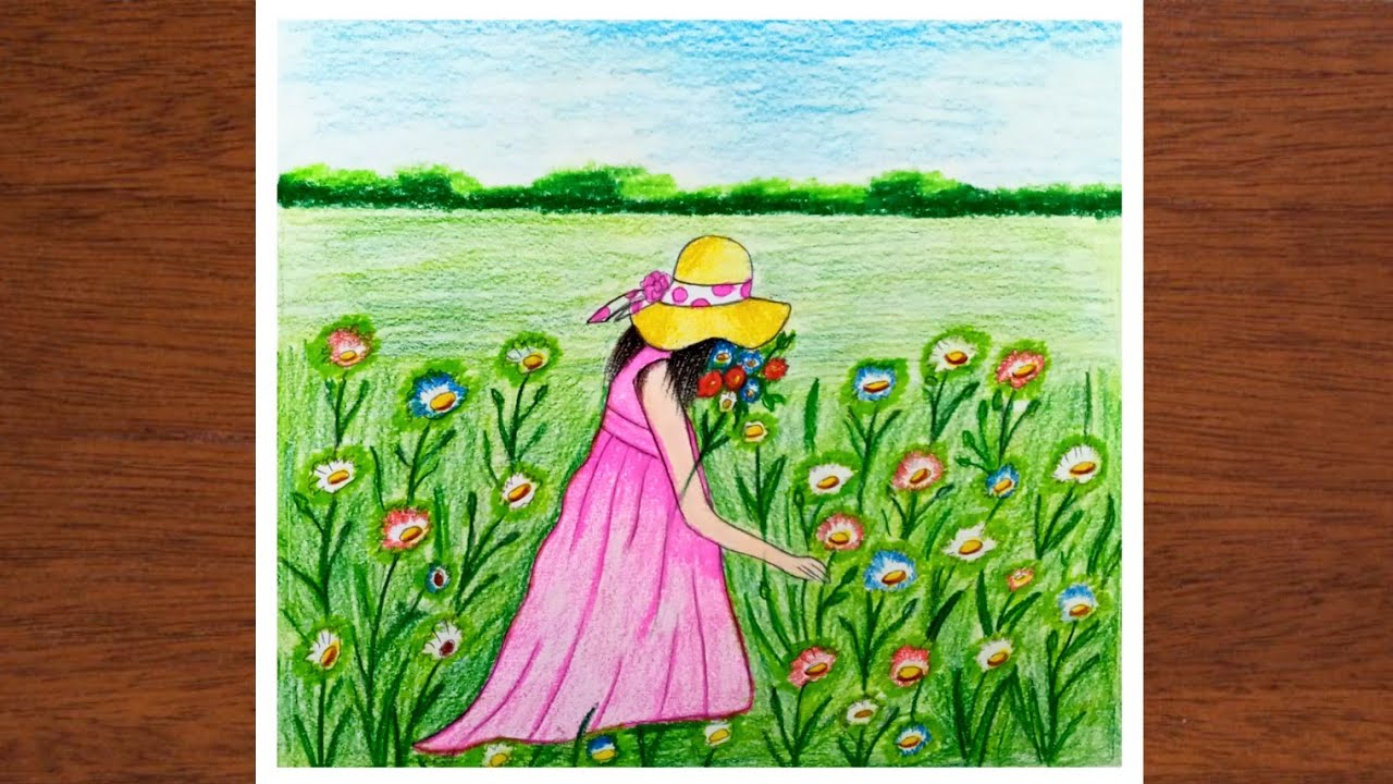 How to draw Flower garden with girl | easy Flower garden scenery ...