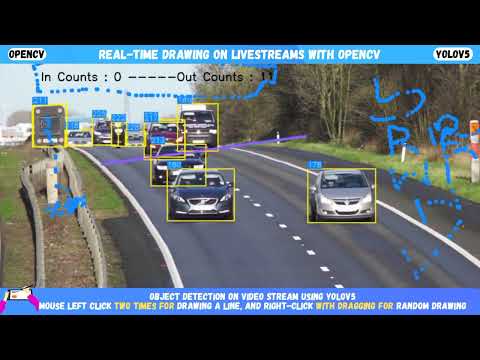 Live Video Stream Drawing with OpenCV along side vehicle detection using YOLOv5