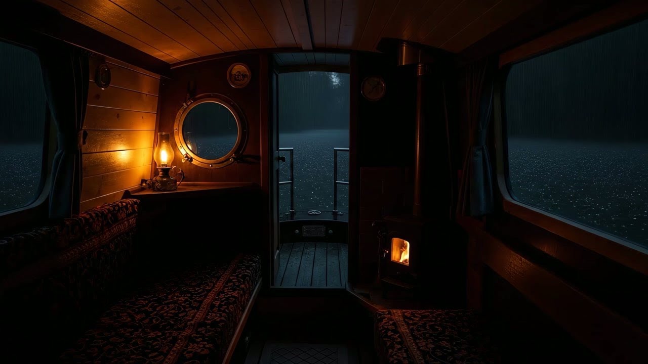 Sleeping on a Boat in Heavy Rain 🌧️ Cozy Narrowboat Cabin Ambience ...