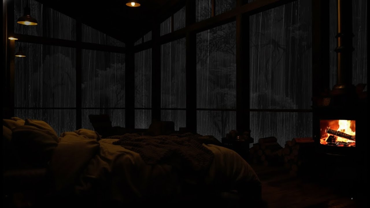 Sleep Deeply with Rain Sounds & Crackling Fireplace in a Cozy Mountain ...