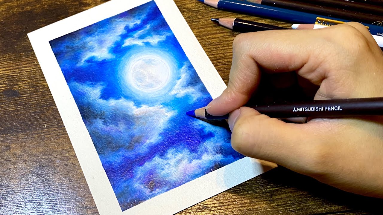 色鉛筆で描く 夜空 月 Full Moon Night Colored Pencils Drawing Youtube