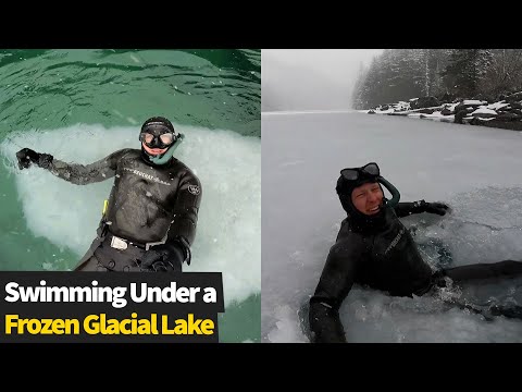 Brave free diver swims underneath layer of ice on frozen glacial lake in Canada