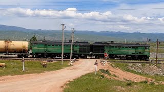 Diesel locomotive 2TE10V-4672 with a train of liquid tanks passes the "Zhelaryk" station. 2