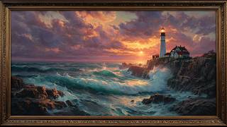 Lighthouse Seascape Painting | Framed Coastal Sunset Art for TV Display | Ocean Wave Frame TV Art 4K