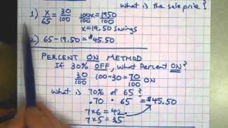 Learn how to calculate sale prices mentally when given an original
price and a percentage discount. for example, much does $65 pair of
shoes cost ...